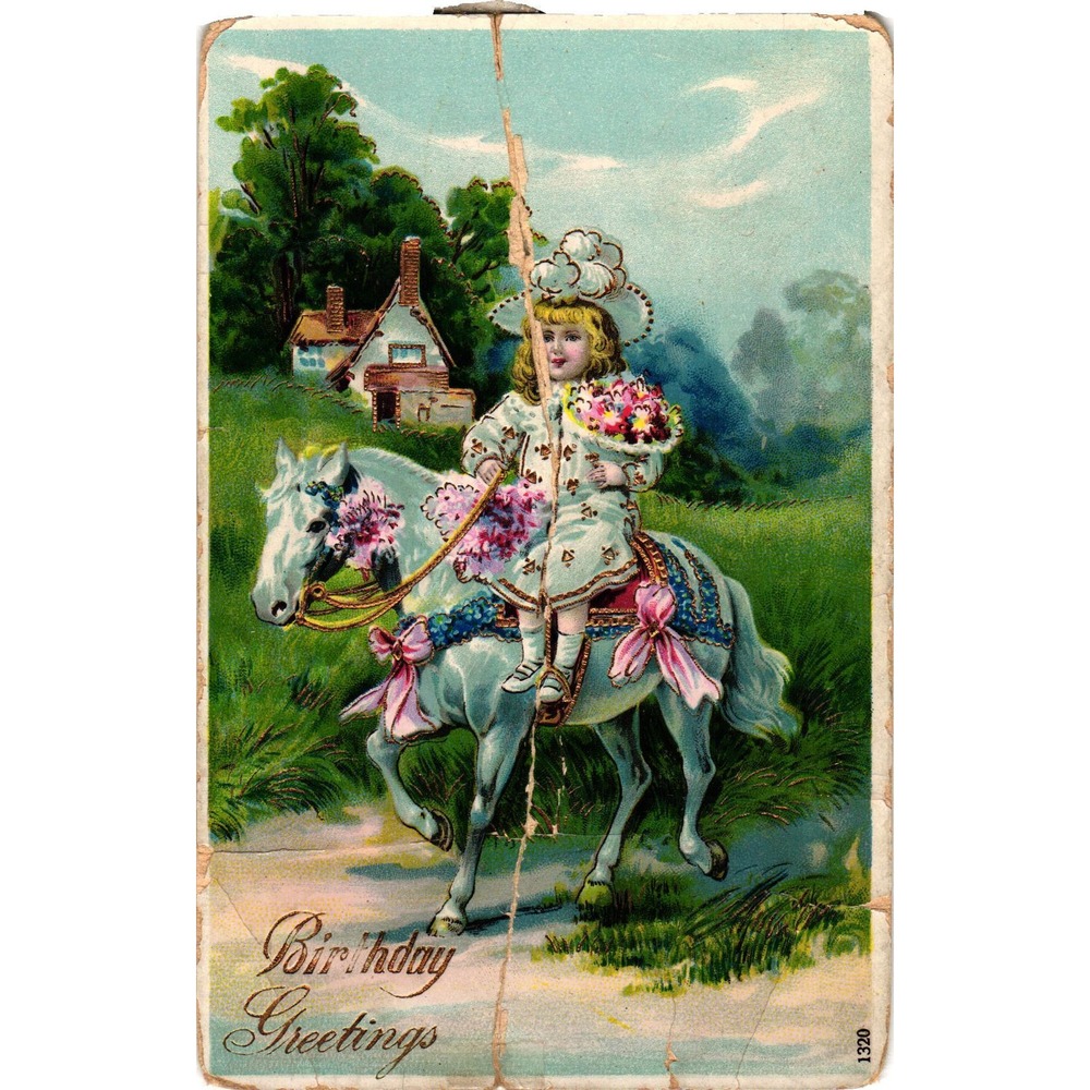Antique Birthday Greetings Postcard Girl Riding Horse 1911 Union City Indiana